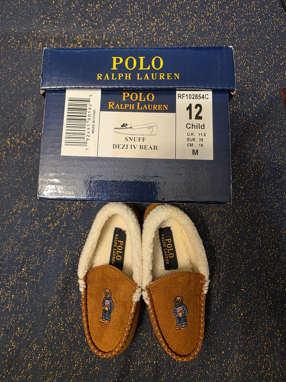 Polo by Ralph Lauren Tan Suede Sherpa-Lined Moccasins with Embroidered Bear
